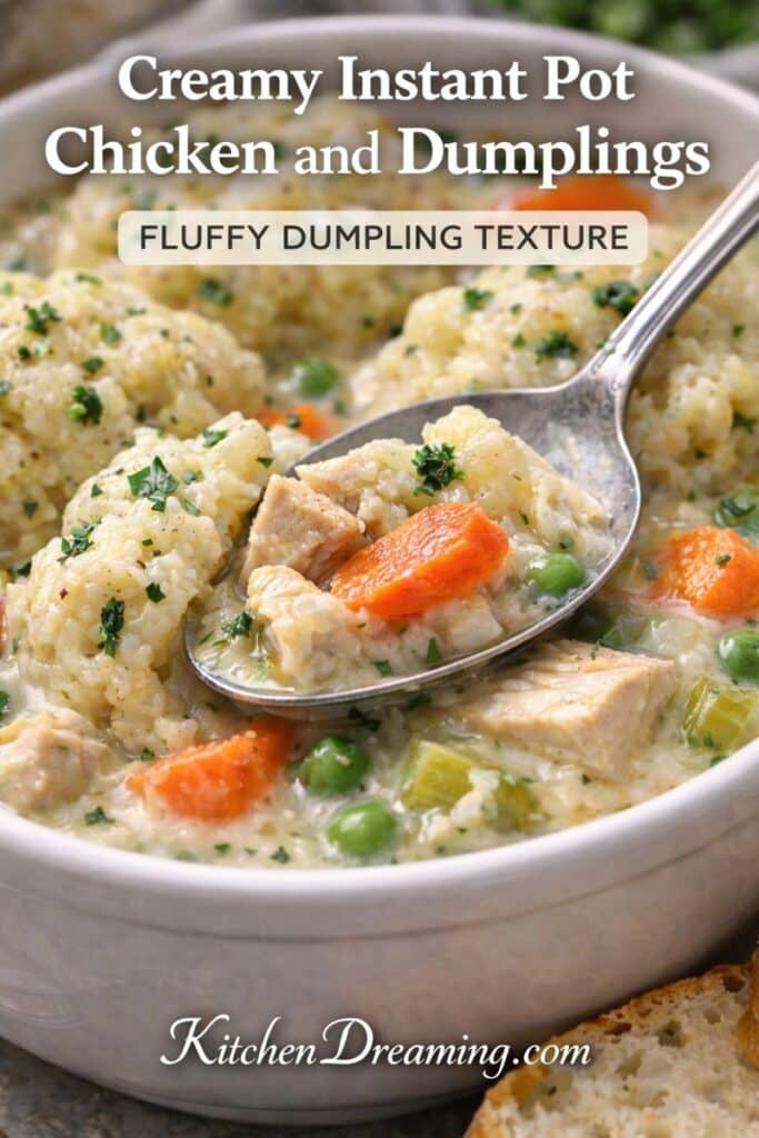 Close-up texture of Instant Pot chicken and dumplings with creamy broth, tender chicken, vegetables, and fluffy homemade dumplings.