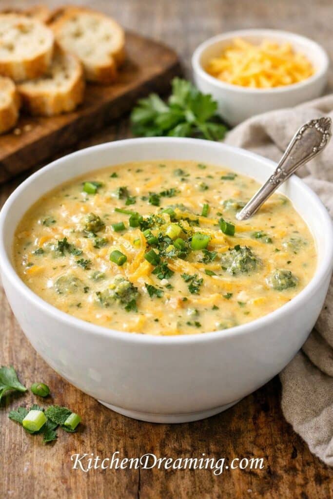 Dump and go crockpot broccoli cheddar soup in a bowl, easy slow cooker broccoli cheese soup recipe with creamy texture.