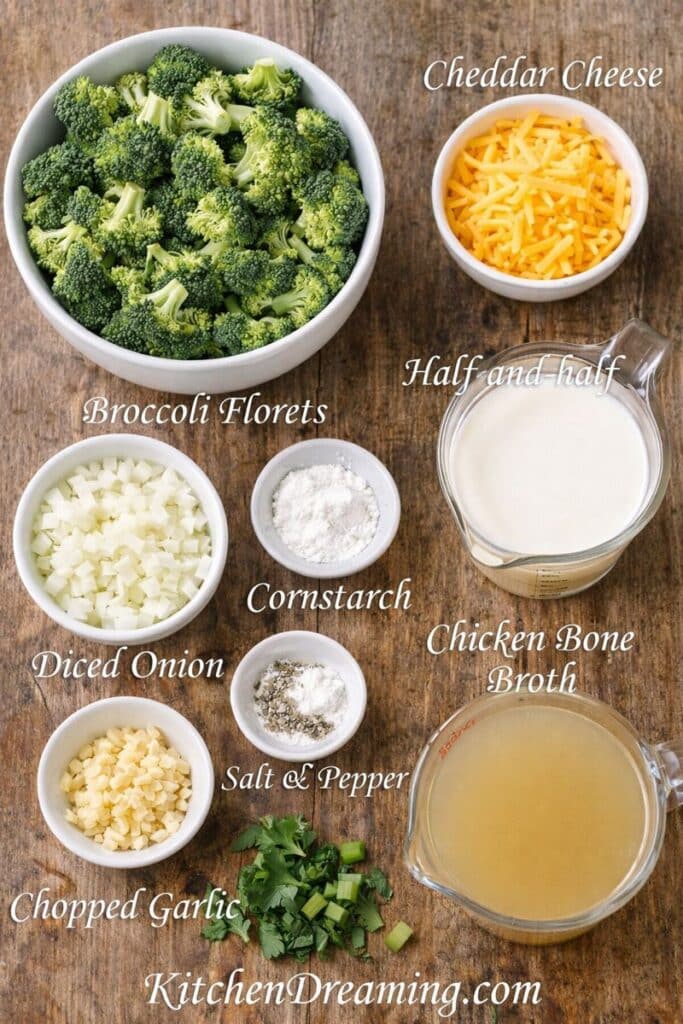 Labeled ingredients for slow cooker broccoli cheddar soup including broccoli, cheddar cheese, onion, garlic, broth, half-and-half, and cornstarch.