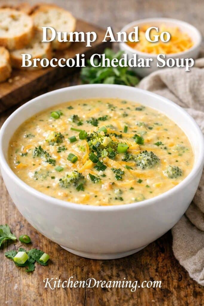 Dump and go crockpot broccoli cheddar soup in a bowl, easy slow cooker broccoli cheese soup recipe with creamy texture.