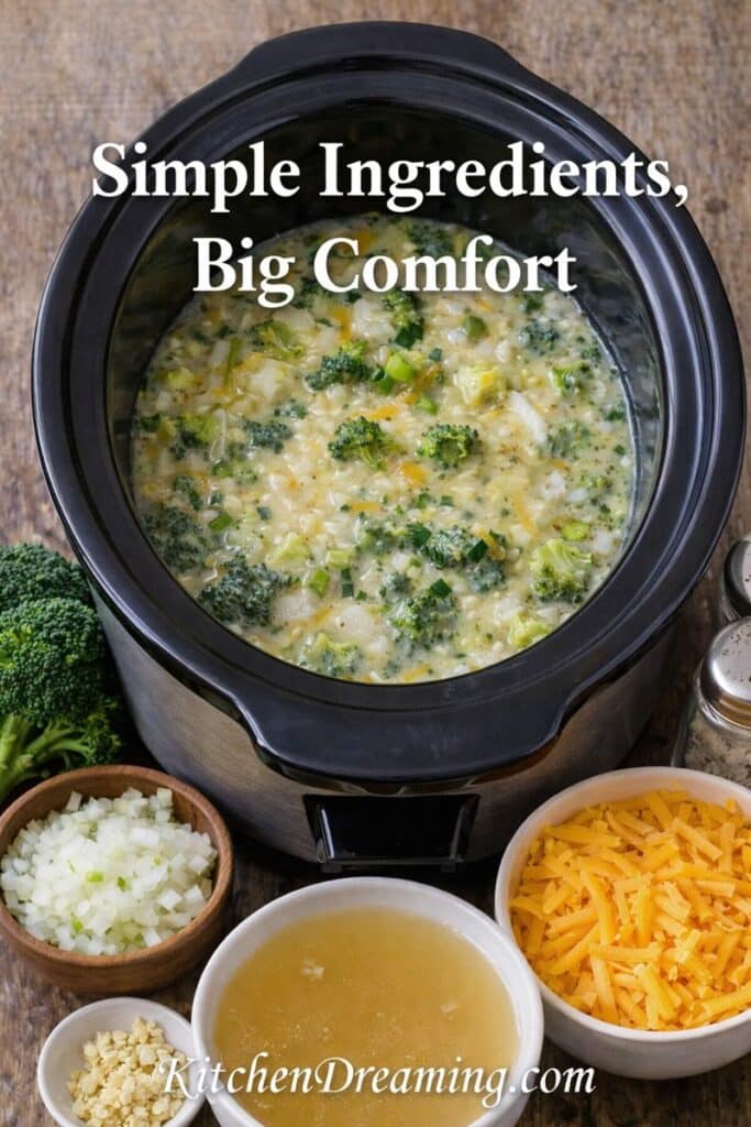 Slow cooker broccoli cheddar soup in a crockpot with simple ingredients, easy crockpot broccoli cheese soup for weeknight dinner.