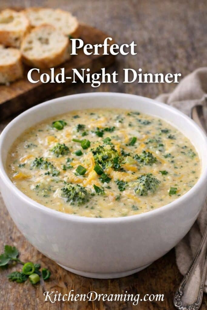 Creamy crockpot broccoli cheddar soup in a bowl with bread, cozy cold-night dinner slow cooker broccoli cheese soup.