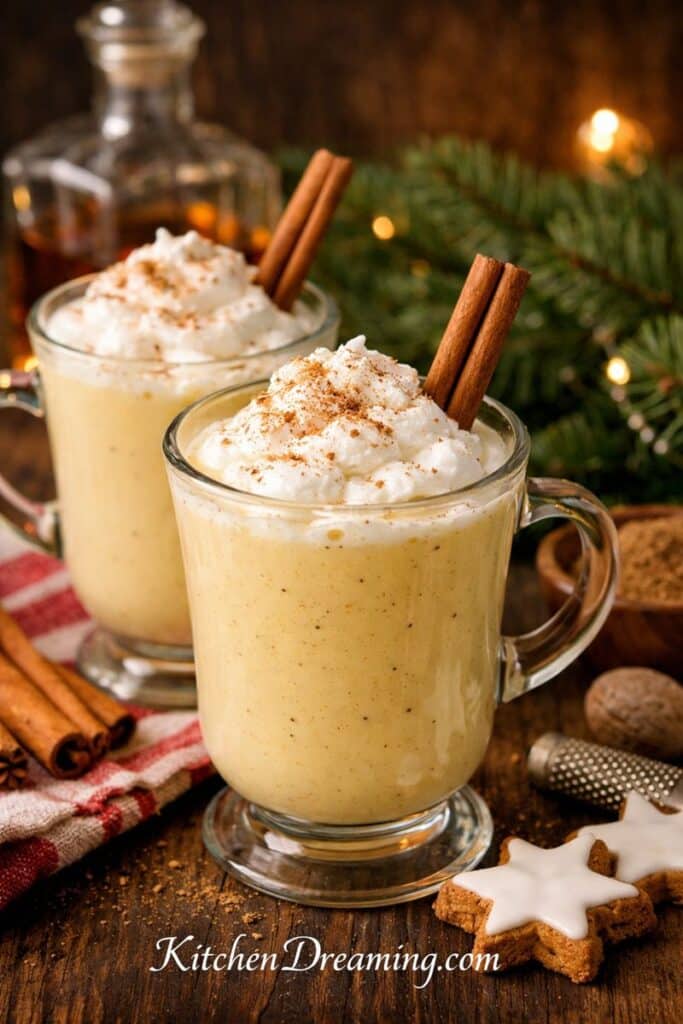 Old-fashioned homemade eggnog in a glass mug topped with whipped cream and cinnamon, a classic from-scratch eggnog recipe.