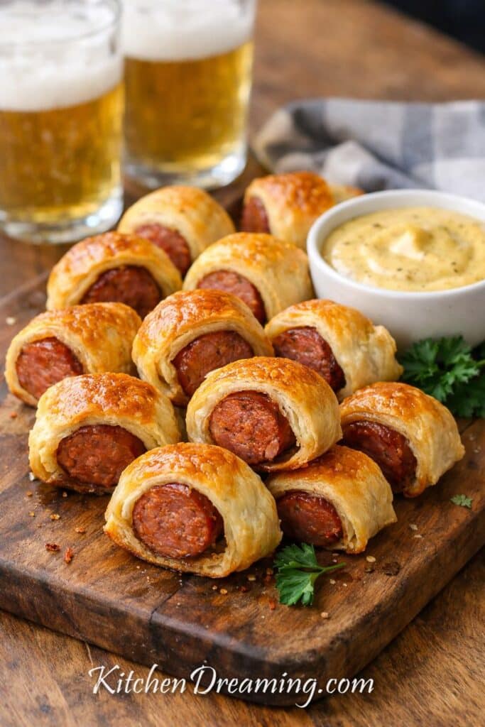 Andouille sausage bites wrapped in puff pastry with dijonaise dipping sauce on a wooden board.