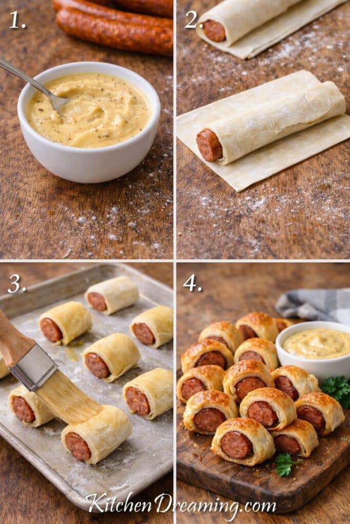 Step-by-step collage showing how to make andouille sausage bites with puff pastry and dijonaise dipping sauce.