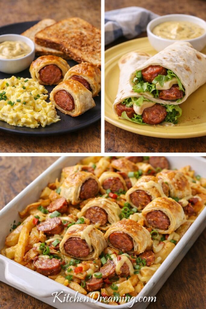 Ways to repurpose leftover andouille sausage bites: breakfast scramble, lunch wrap, and game day nachos with dijonaise.