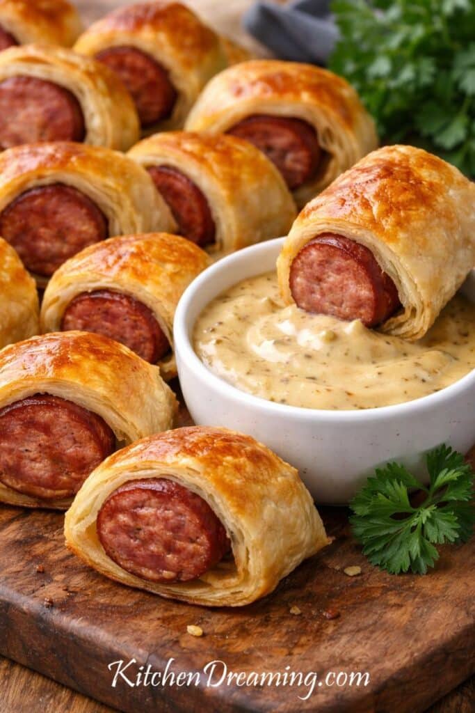 Close-up of flaky puff pastry andouille sausage bites dipped in dijonaise sauce.