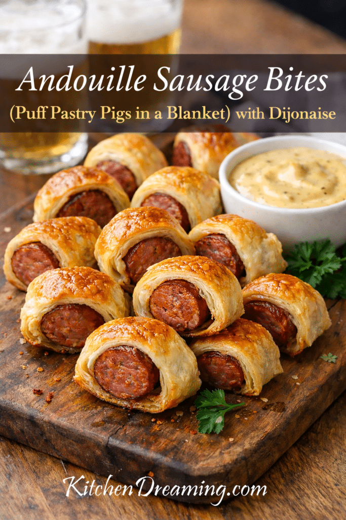 Andouille sausage bites wrapped in puff pastry with dijonaise dipping sauce on a wooden board.