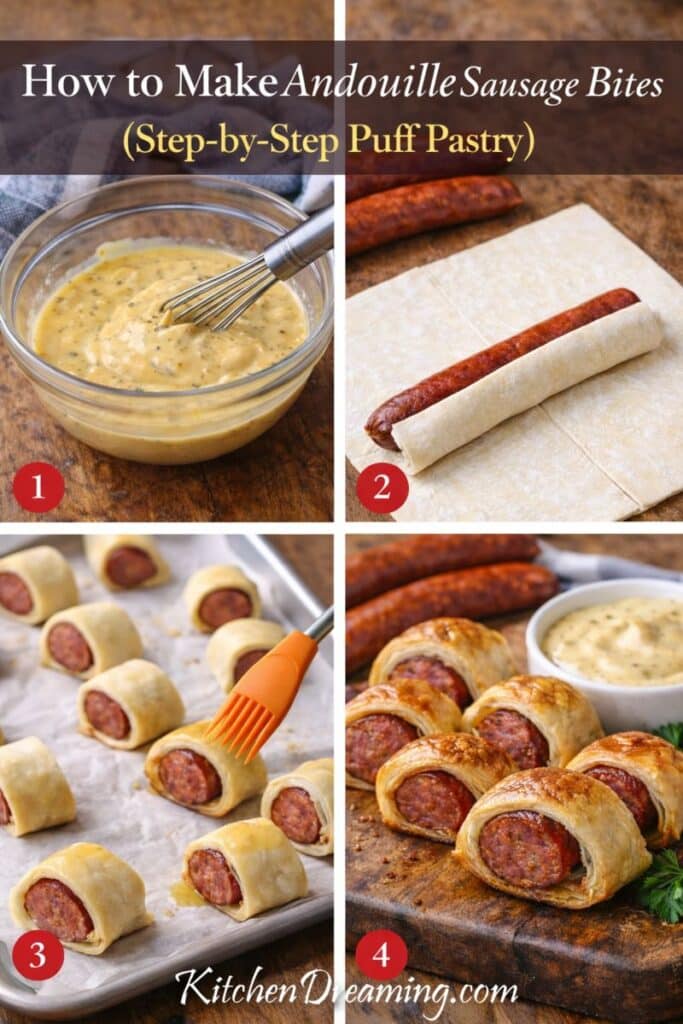 Step-by-step collage showing how to make andouille sausage bites with puff pastry and dijonaise dipping sauce.