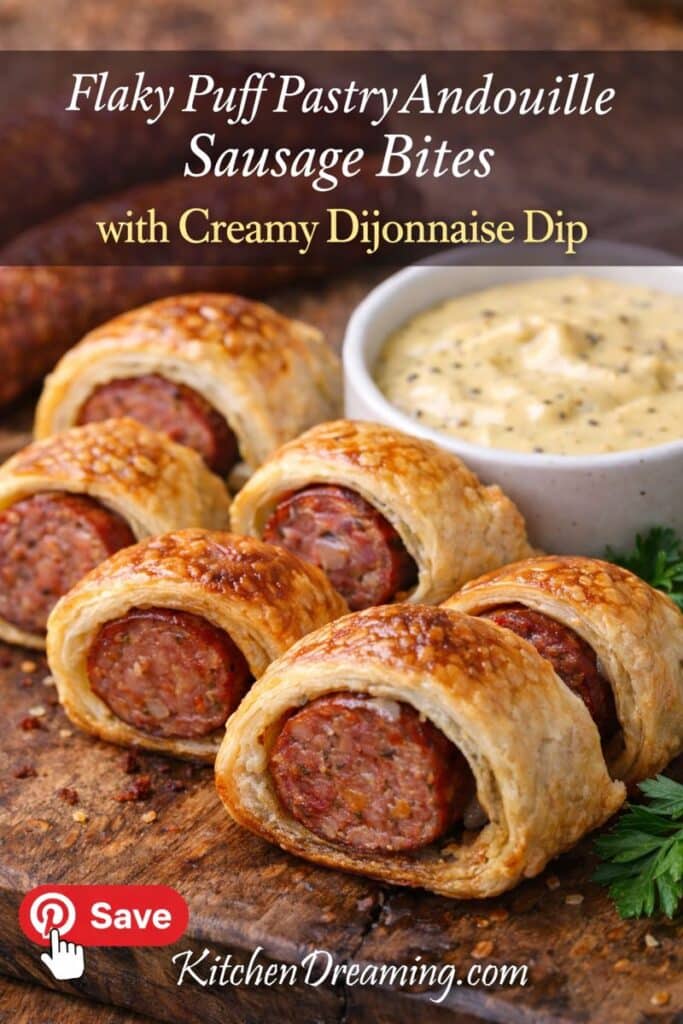 Andouille sausage bites wrapped in puff pastry with dijonaise dipping sauce on a wooden board.