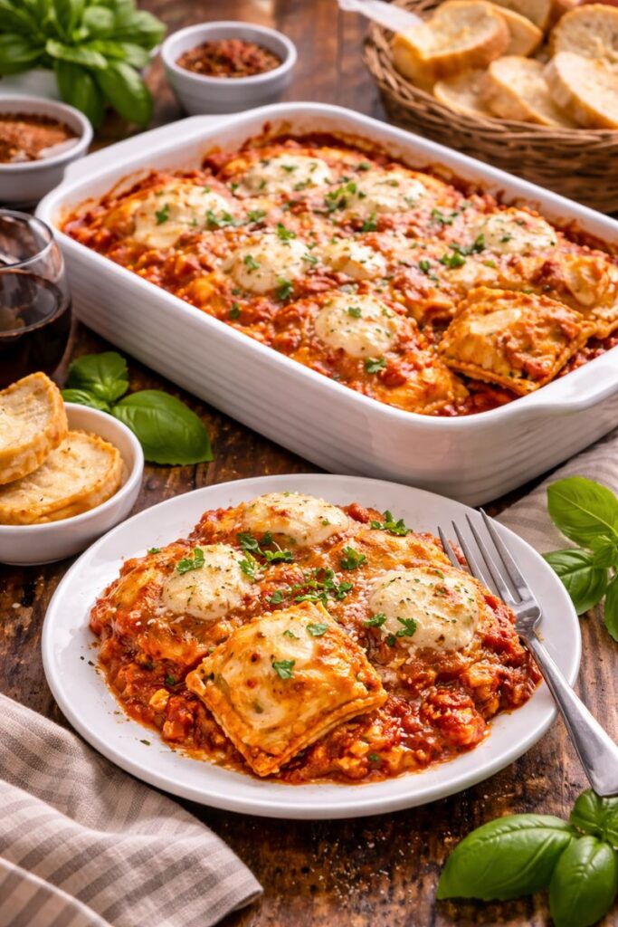 Cheesy baked ravioli casserole in a white baking dish with tomato sauce and melted cheese, garnished with herbs for a family dinner.