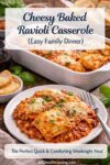 Close-up of cheesy baked ravioli casserole fresh from the oven