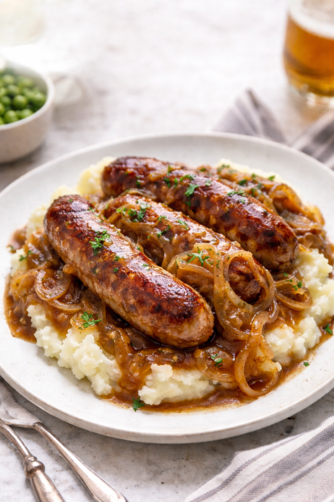 Bangers and Mash Recipe with Irish Ale Onion Gravy (Easy 30 Minute Dinner) 1 Bangers and mash recipe with browned sausages, creamy mashed potatoes, and Irish ale onion gravy.