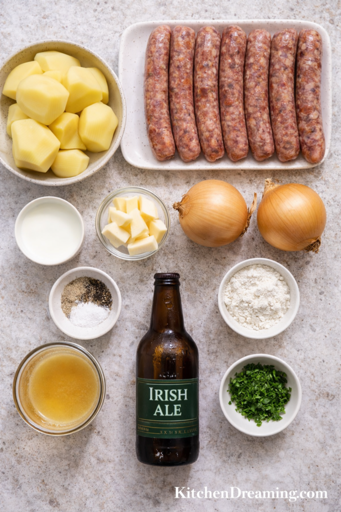 Bangers and Mash Recipe with Irish Ale Onion Gravy (Easy 30 Minute Dinner) 2 Bangers and mash recipe ingredients including sausages, potatoes, onions, butter, milk, flour, stock, and Irish ale.