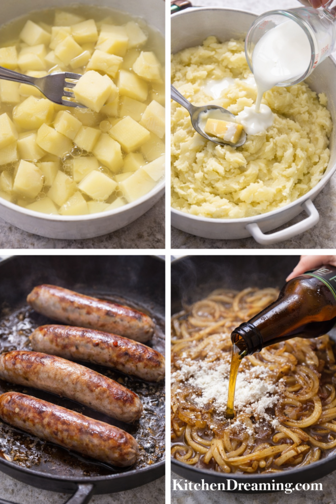 Bangers and Mash Recipe with Irish Ale Onion Gravy (Easy 30 Minute Dinner) 3 Bangers and mash recipe steps showing boiling potatoes, mashing, browning sausages, and making onion gravy.