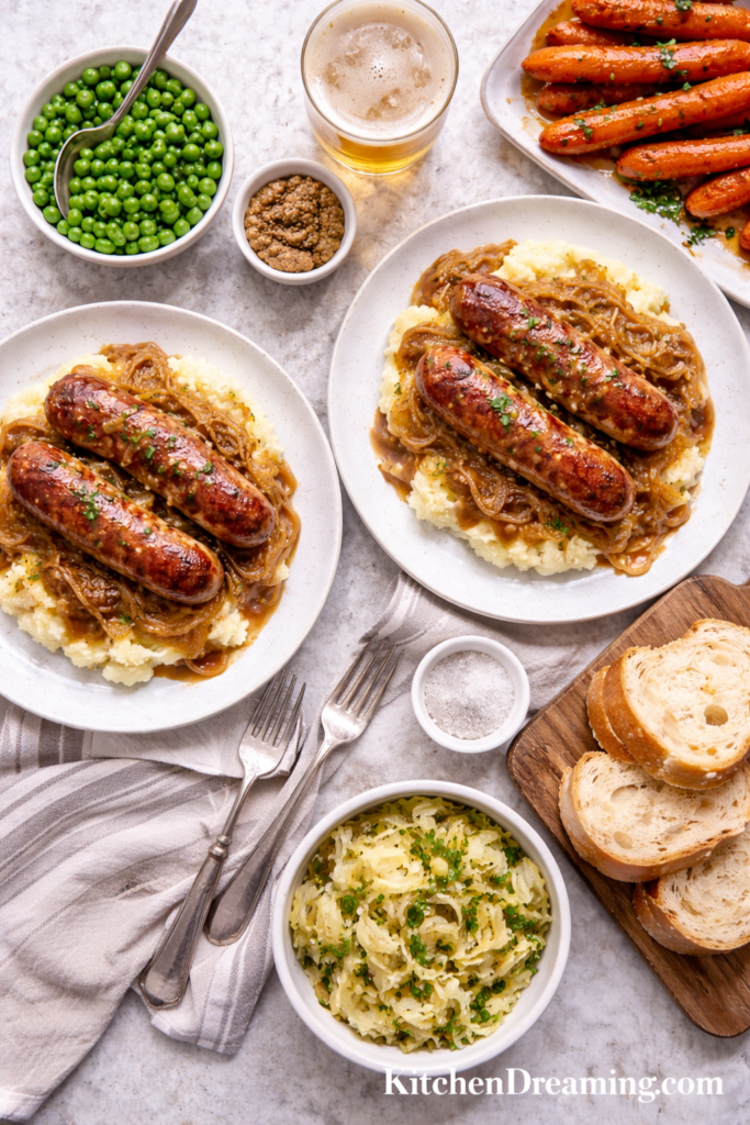 Bangers and Mash Recipe with Irish Ale Onion Gravy (Easy 30 Minute Dinner) 4 Bangers and mash recipe plated with onion gravy and serving suggestions like peas, carrots, cabbage, and bread.