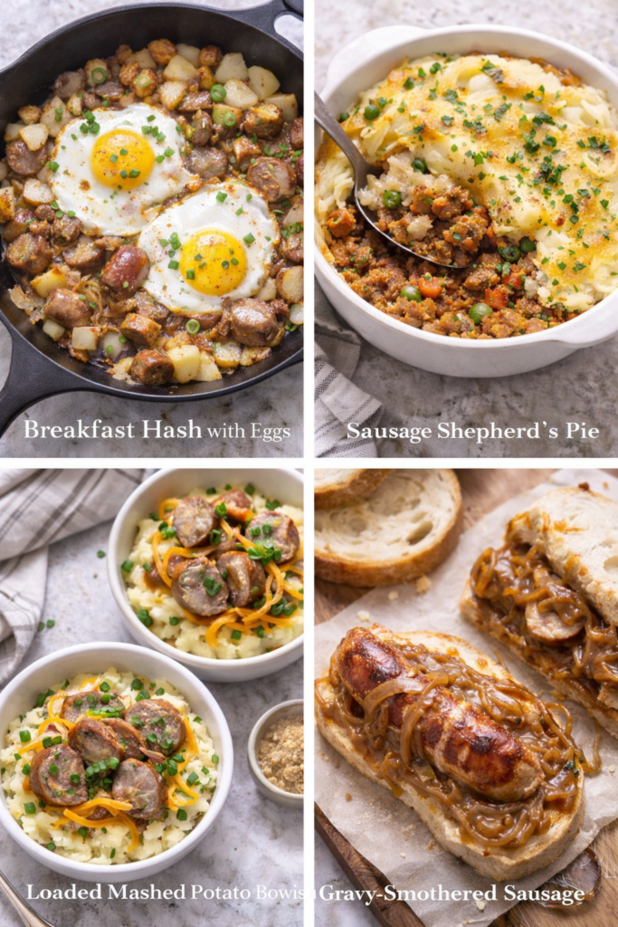 Bangers and Mash Recipe with Irish Ale Onion Gravy (Easy 30 Minute Dinner) 5 Bangers and mash recipe leftovers repurposed into hash with eggs, shepherd’s pie bake, bowls, and sandwiches.