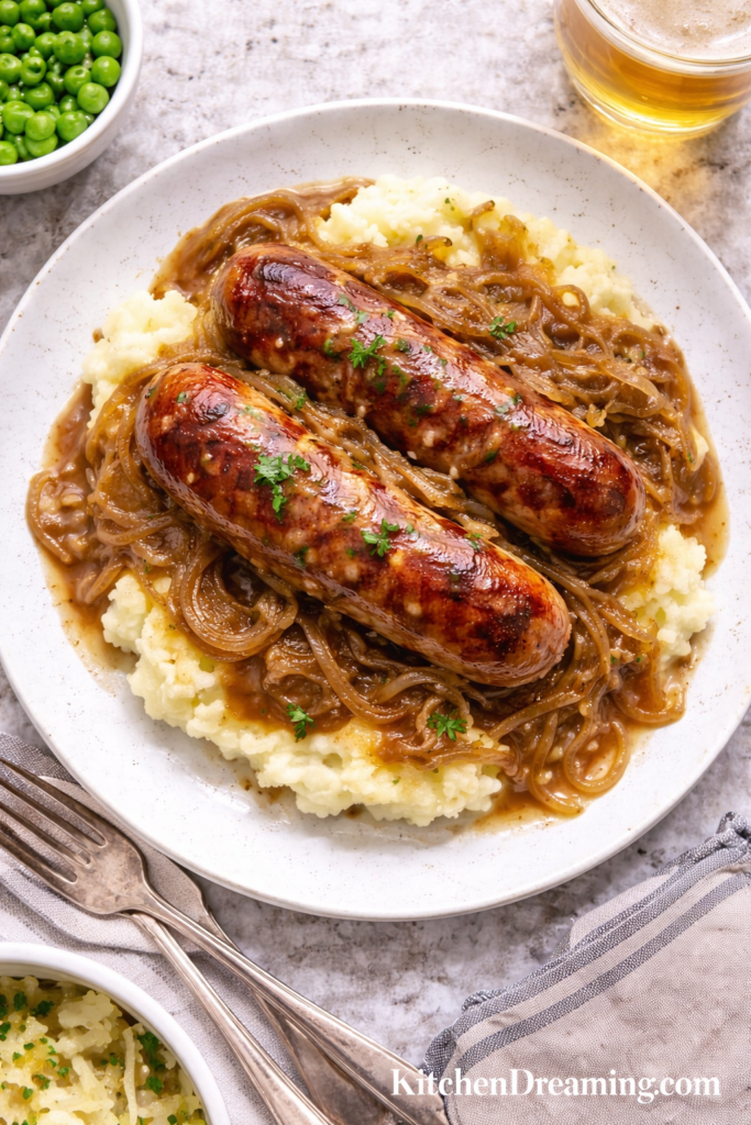 Bangers and Mash Recipe with Irish Ale Onion Gravy (Easy 30 Minute Dinner) 6 Bangers and mash recipe overhead with browned sausages, creamy mash, and Irish ale onion gravy.