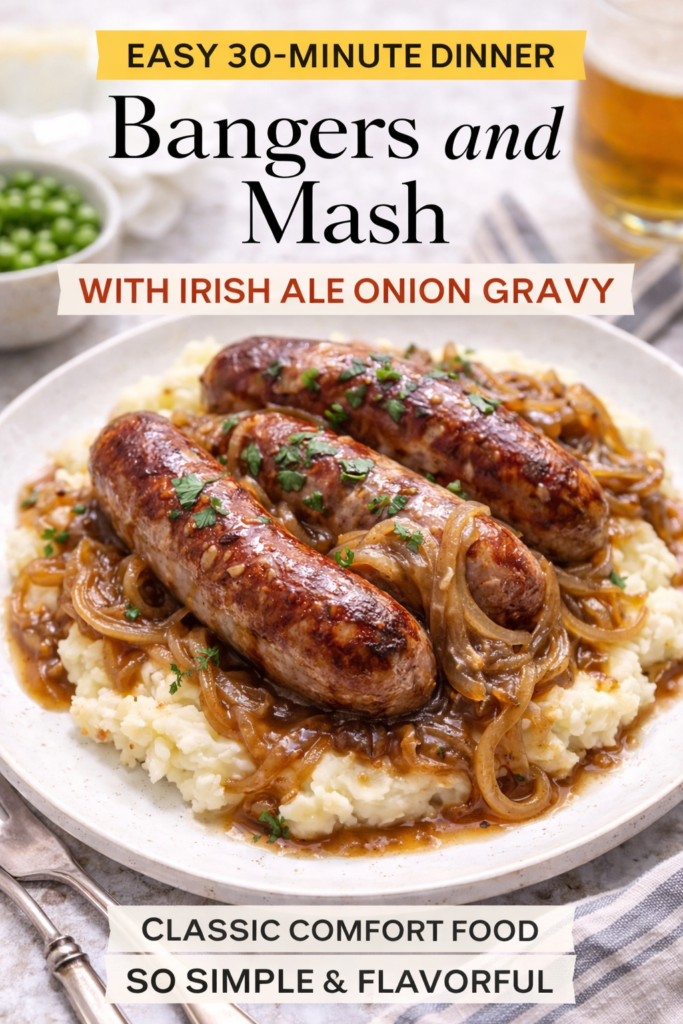 Bangers and Mash Recipe with Irish Ale Onion Gravy (Easy 30 Minute Dinner) 13 This easy bangers and mash recipe is the ultimate comfort food dinner. Juicy sausages are served over buttery mashed potatoes and topped with rich Irish ale onion gravy for deep savory flavor. A classic British and Irish pub favorite that’s simple enough for weeknight cooking yet hearty enough for a satisfying meal. If you're craving traditional sausage and mash with homemade gravy, this cozy dish delivers big flavor with minimal effort.