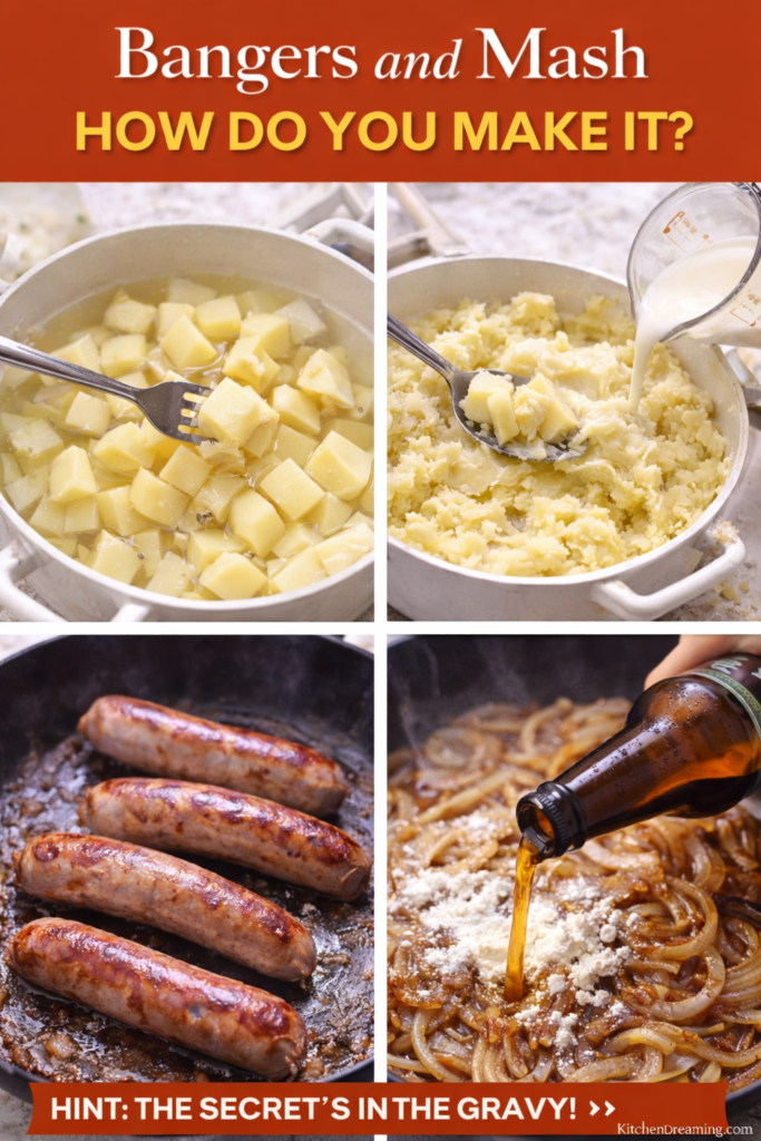Bangers and Mash Recipe with Irish Ale Onion Gravy (Easy 30 Minute Dinner) 11 Bangers and mash recipe steps showing potatoes boiling, sausages browning, and gravy cooking.