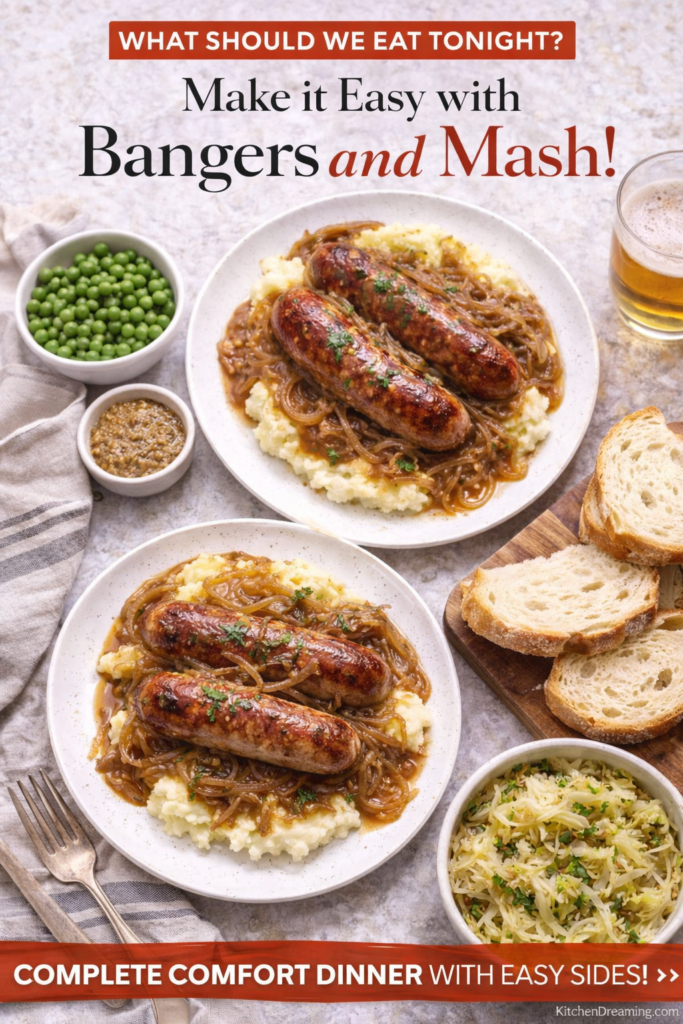 Bangers and Mash Recipe with Irish Ale Onion Gravy (Easy 30 Minute Dinner) 10 Bangers and mash recipe plated with mashed potatoes, onion gravy, and classic sides.