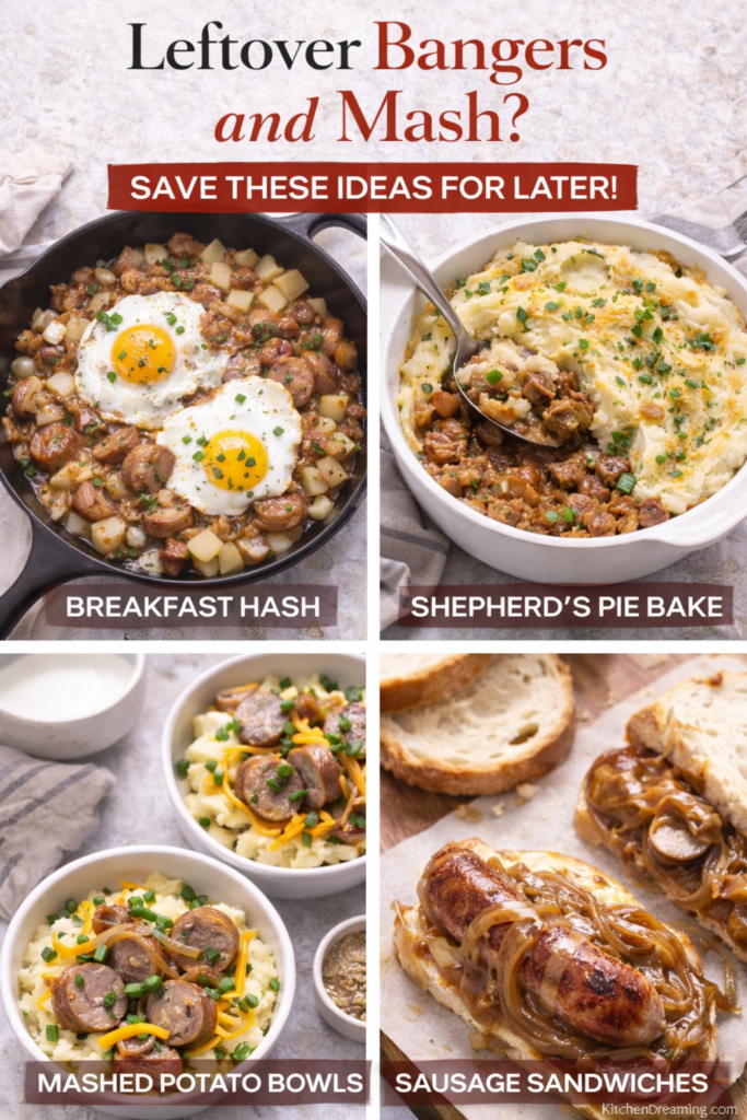 Bangers and Mash Recipe with Irish Ale Onion Gravy (Easy 30 Minute Dinner) 9 Bangers and mash recipe leftovers turned into hash, shepherd’s pie, and sausage sandwiches.
