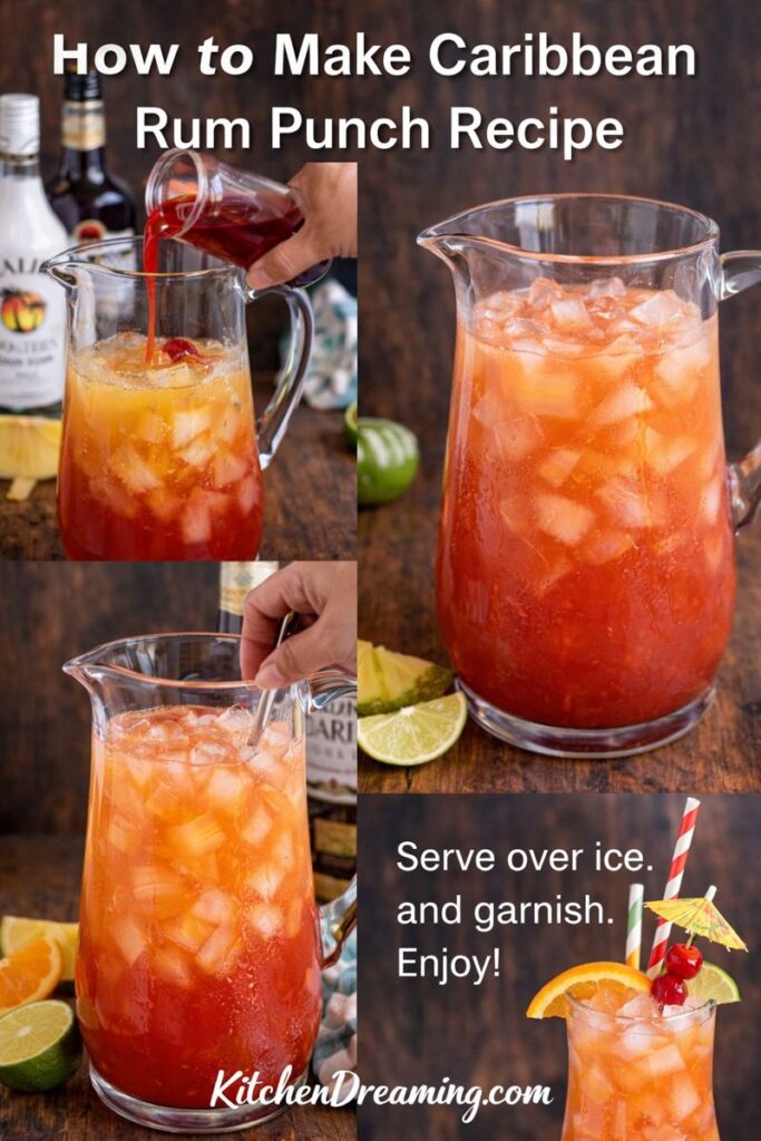 How to make Caribbean Rum Punch Recipe in a pitcher, stirred and poured over ice.