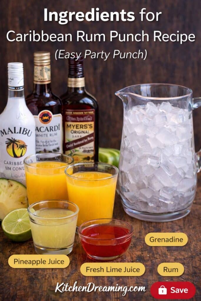 Caribbean Rum Punch Recipe ingredients, including pineapple juice, orange juice, fresh lime juice, grenadine, and rum.