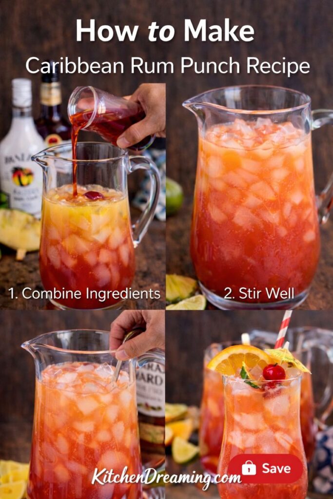 How to make Caribbean Rum Punch Recipe in a pitcher, stirred and poured over ice.