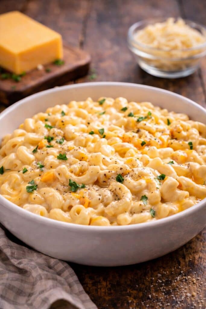 Creamy Stovetop Mac And Cheese In A White Bowl With Melted Cheddar, Fresh Herbs, And A Rich, Velvety Cheese Sauce On A Rustic Table.