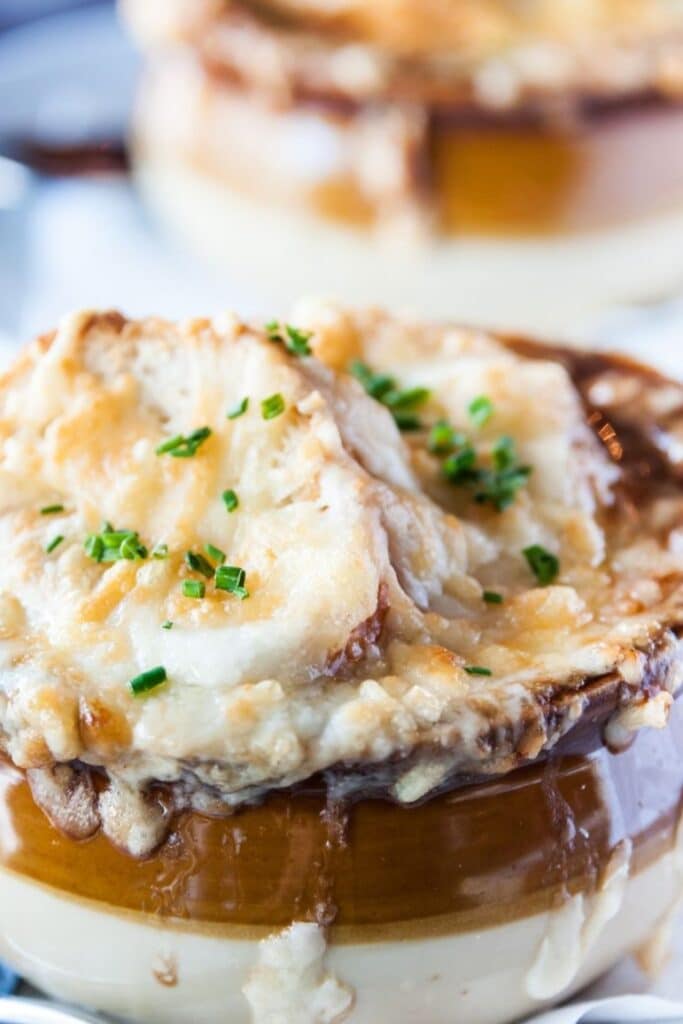 Close up of a bowl of French onion soup.