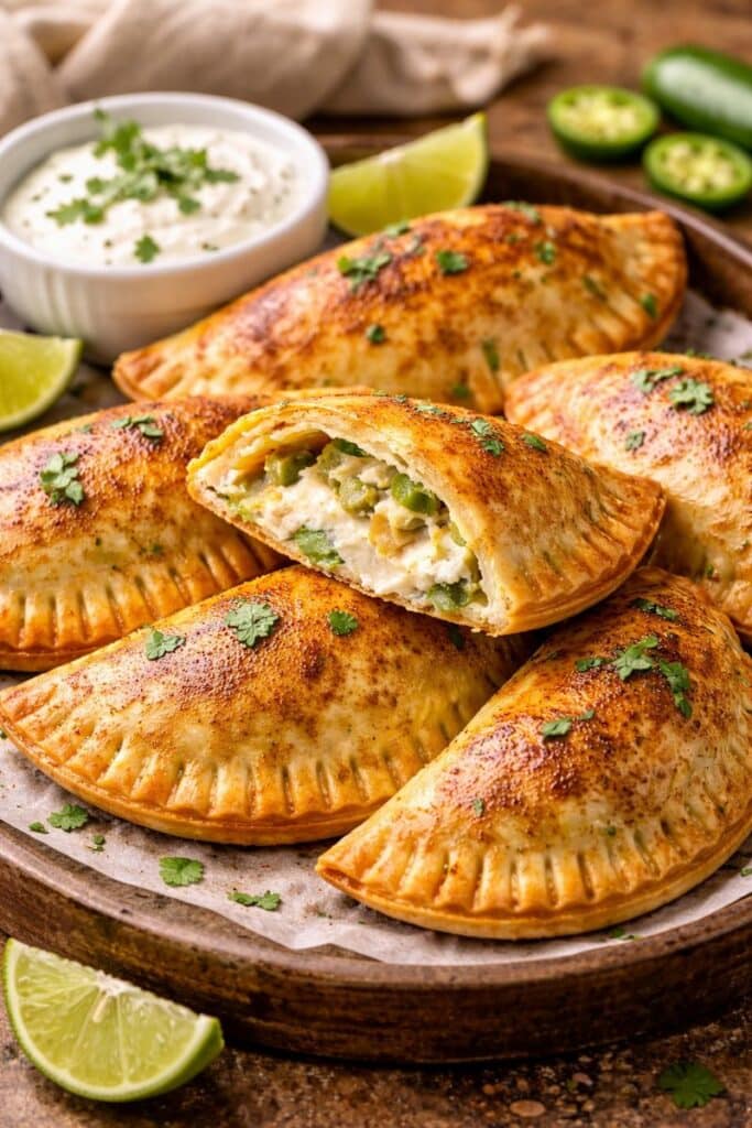 Jalapeño popper empanadas filled with cream cheese and jalapeños on a rustic platter with sour cream and lime.