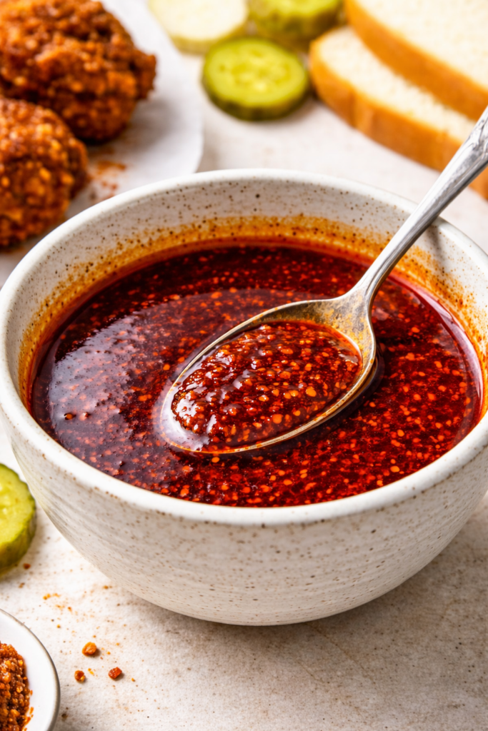 Nashville Hot Sauce Recipe (Authentic & Easy Homemade Version) 1 Nashville hot sauce recipe, thick oil-based spicy sauce in a bowl with spoon.