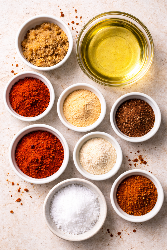 Nashville Hot Sauce Recipe (Authentic & Easy Homemade Version) 2 Nashville hot sauce recipe, overhead ingredients with spices and oil in small bowls.