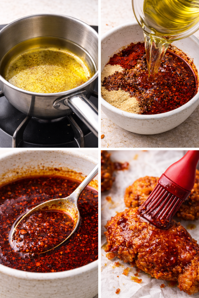 Nashville Hot Sauce Recipe (Authentic & Easy Homemade Version) 3 Nashville hot sauce recipe, step-by-step collage from hot oil to brushing sauce on chicken.