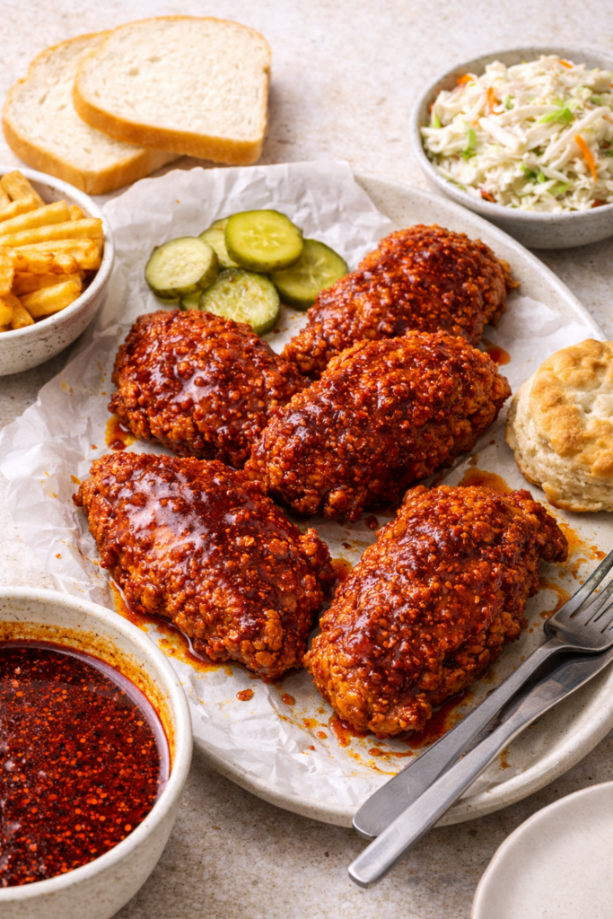 Nashville Hot Sauce Recipe (Authentic & Easy Homemade Version) 4 Nashville hot sauce recipe, sauced fried chicken platter with pickles, slaw, bread, and fries.
