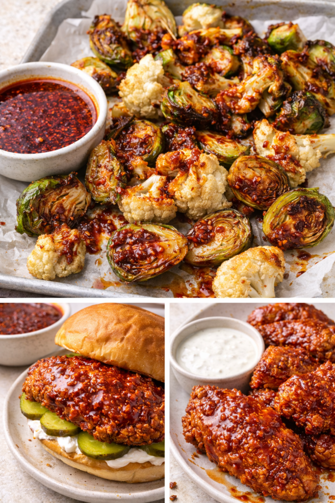 Nashville Hot Sauce Recipe (Authentic & Easy Homemade Version) 5 Nashville hot sauce recipe, leftovers collage with veggies, sandwich, and wings.