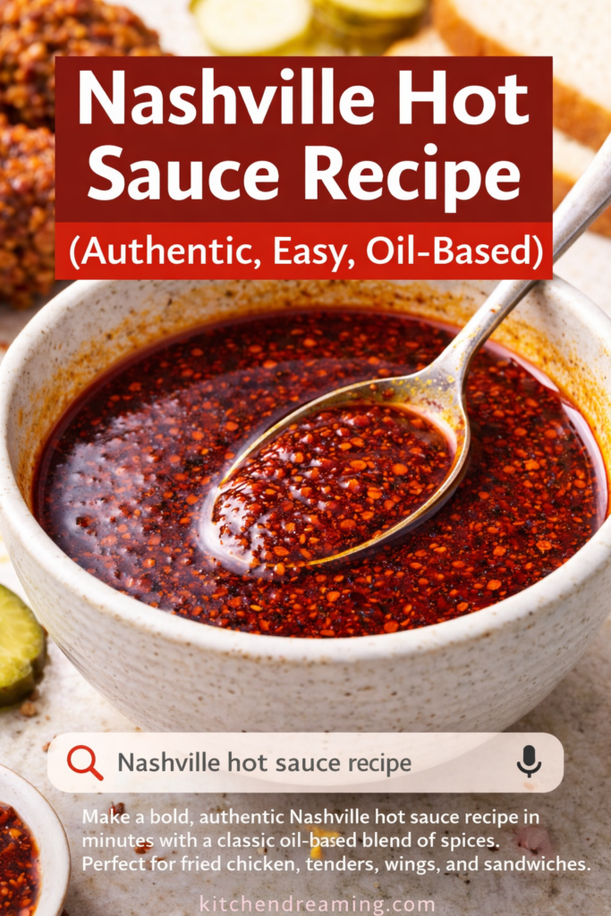 Nashville Hot Sauce Recipe (Authentic & Easy Homemade Version) 9 Nashville hot sauce recipe, deep red oil-based sauce in a bowl with spoon.