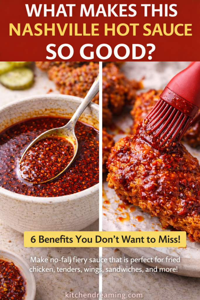 Nashville Hot Sauce Recipe (Authentic & Easy Homemade Version) 11 Nashville hot sauce recipe, step collage showing mixing spices with hot oil and brushing on chicken.