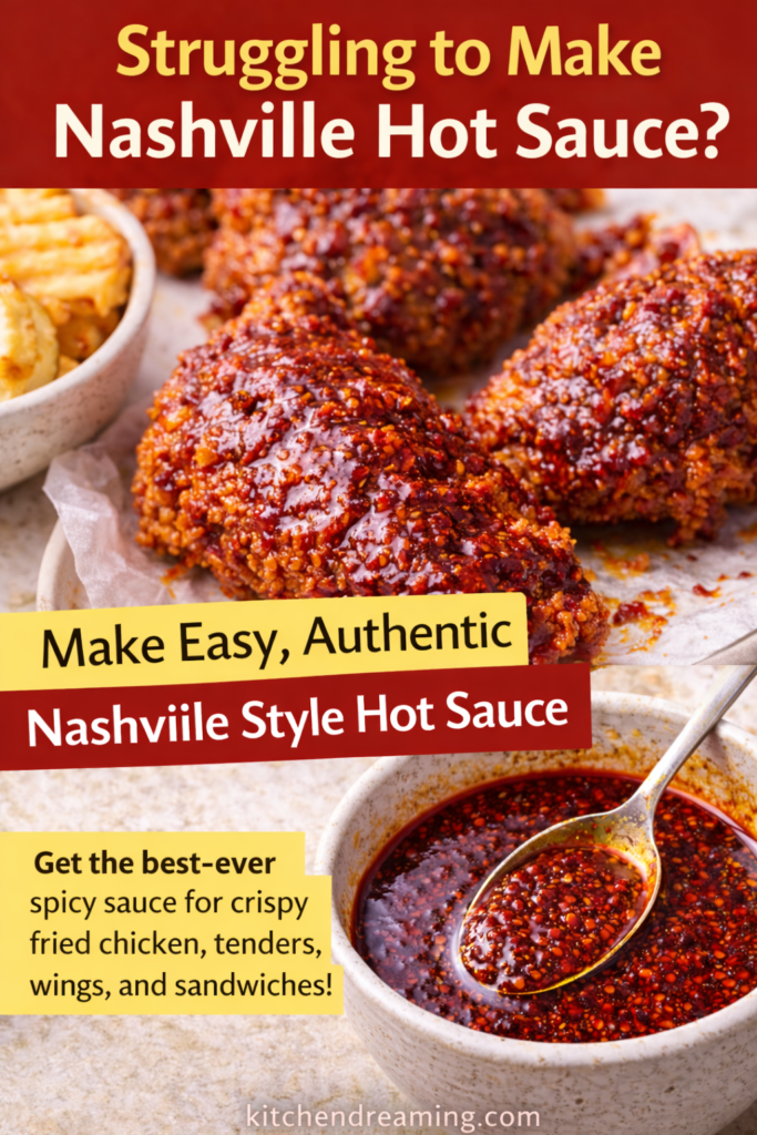 Nashville Hot Sauce Recipe (Authentic & Easy Homemade Version) 12 Nashville hot sauce recipe, plated hot chicken with pickles, slaw, bread, and fries.