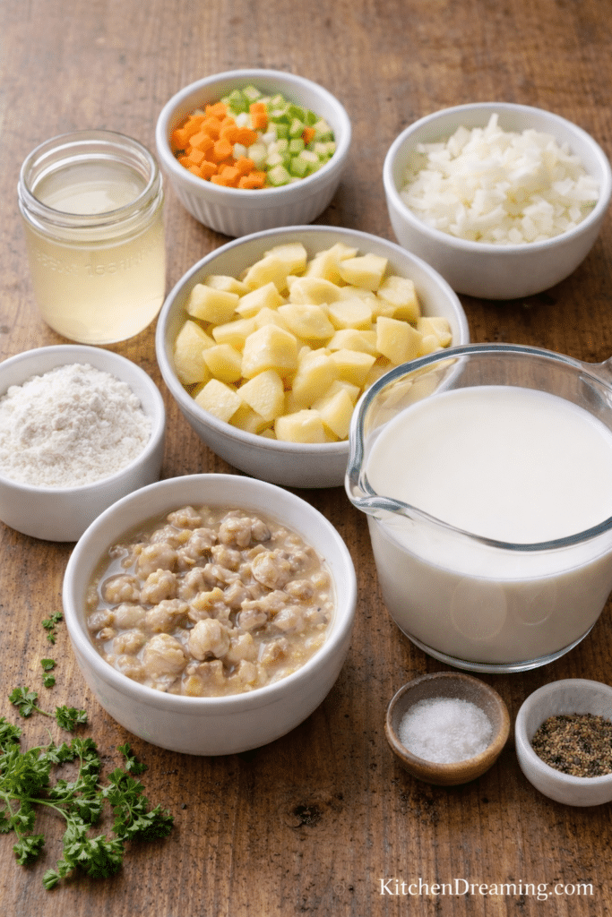 Ingredients laid out for New England clam chowder without bacon, including clams, potatoes, clam juice, milk, onion, flour, and seasonings.