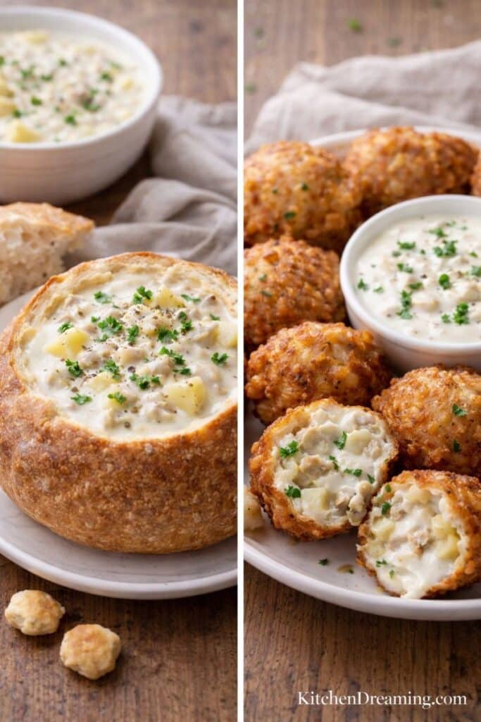 Repurposed New England clam chowder without bacon served in a bread bowl with leftover-inspired chowder bites on the side.