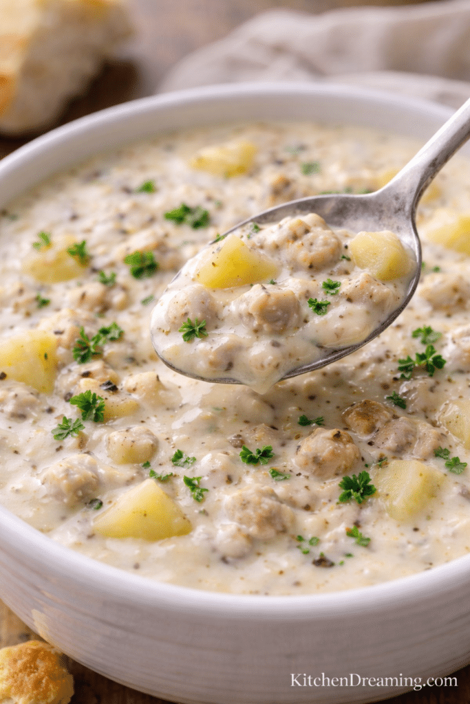Spoonful close-up of New England clam chowder without bacon, showing thick creamy broth, clams, and potato chunks in a white bowl.