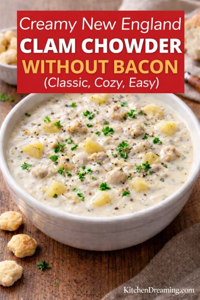 Bowl of New England clam chowder without bacon, creamy white chowder with potatoes and clams, topped with parsley and pepper.