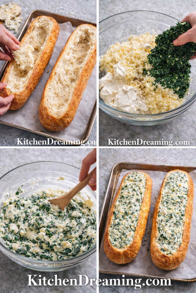 Spinach Dip Bread Boat Recipe for Easy Party Appetizers 3 Spinach Dip Bread Boat, step-by-step collage of prep and baking.