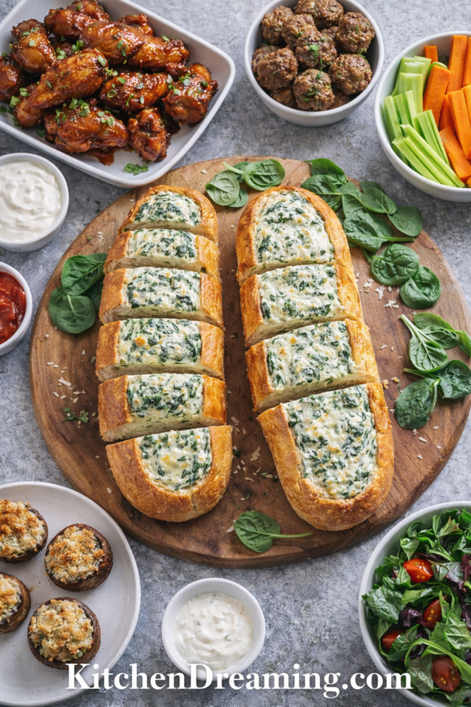 Spinach Dip Bread Boat Recipe for Easy Party Appetizers 4 Spinach Dip Bread Boat, plated with serving suggestions overhead.