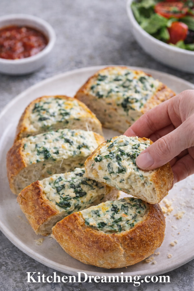 Spinach Dip Bread Boat Recipe for Easy Party Appetizers 6 Spinach Dip Bread Boat, handheld bite on a plate with dipping sauce.