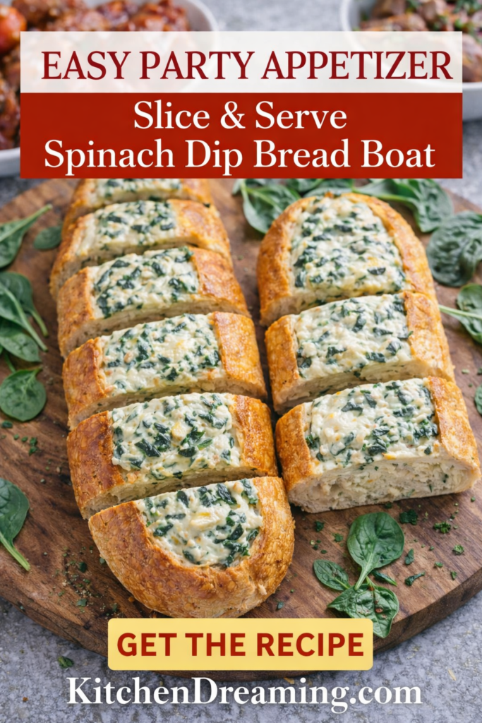 Spinach Dip Bread Boat Recipe for Easy Party Appetizers 9 Spinach Dip Bread Boat easy party appetizer baked in French bread.