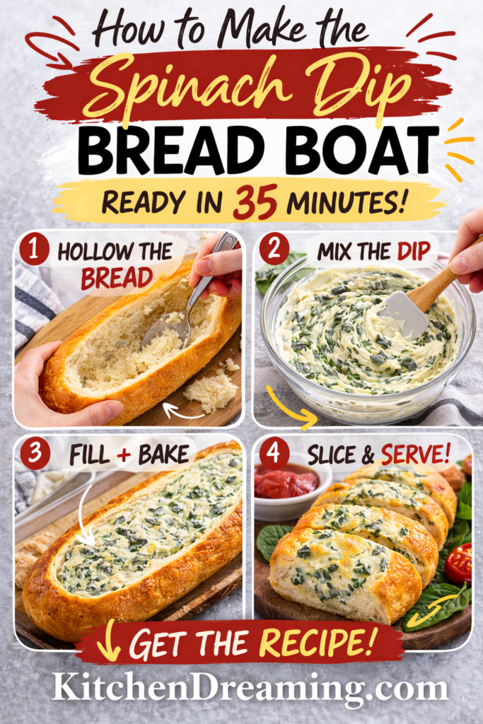 Spinach Dip Bread Boat Recipe for Easy Party Appetizers 11 Spinach Dip Bread Boat step-by-step baked appetizer process.