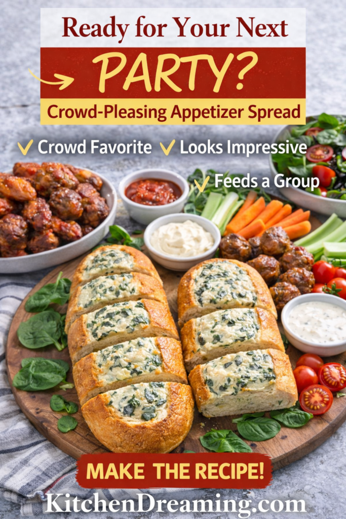Spinach Dip Bread Boat Recipe for Easy Party Appetizers 12 Spinach Dip Bread Boat served on a party appetizer platter.